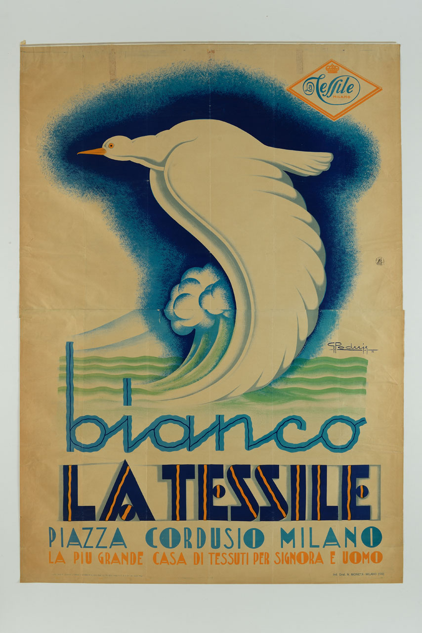 gabbiano vola radente la superficie del mare (manifesto) di Poduje Gustavo (sec. XX)