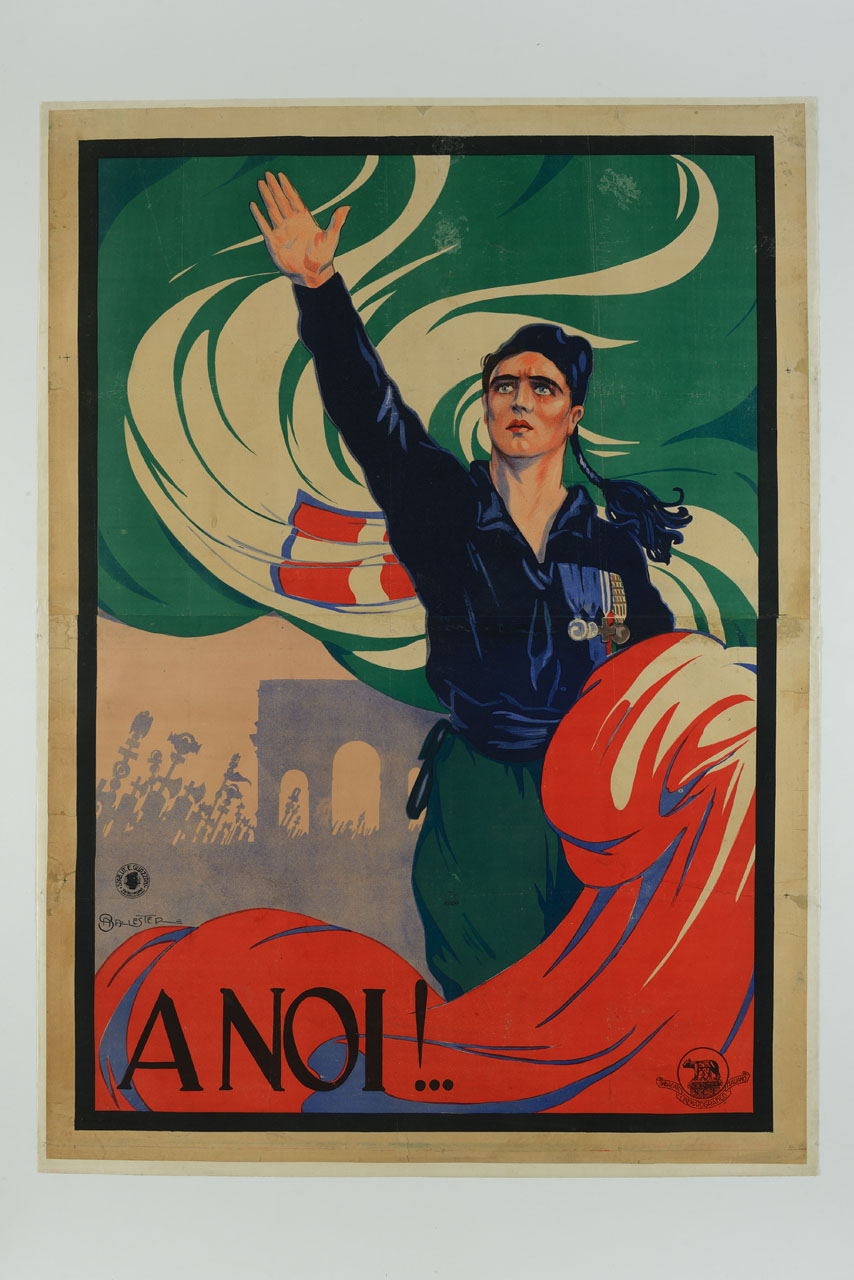 giovane in abiti fascisti fa il saluto romano tenendo una bandiera del regno d'Italia; sullo sfondo un arco di trionfo (manifesto) di Ballester Anselmo (sec. XX)
