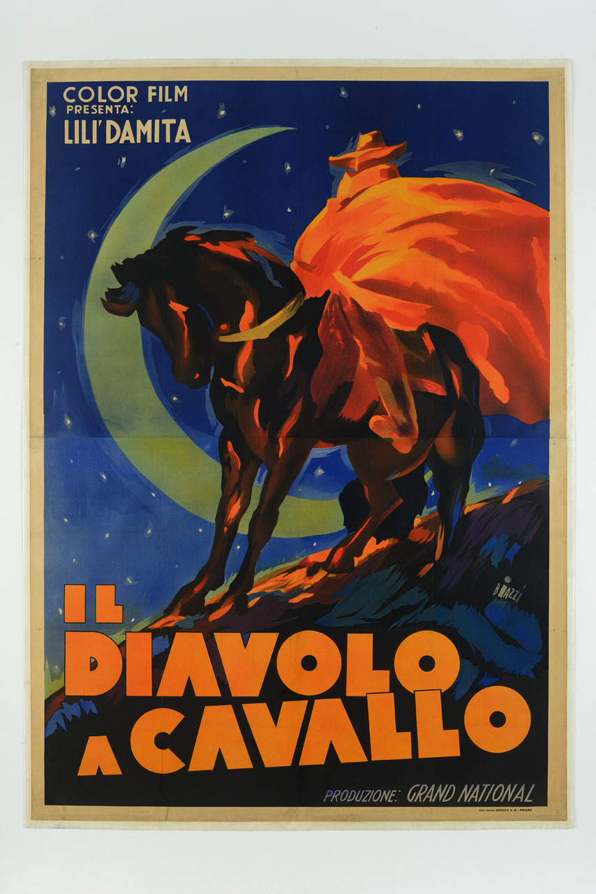 figura maschile con mantello e cappello a cavallo nella notte con una grande falce di luna (manifesto) di Biazzi Sandro (sec. XX)