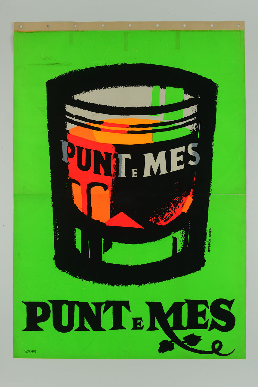 bicchiere multicolor con liquido e ghiaccio (manifesto) di Testa Armando (sec. XX)