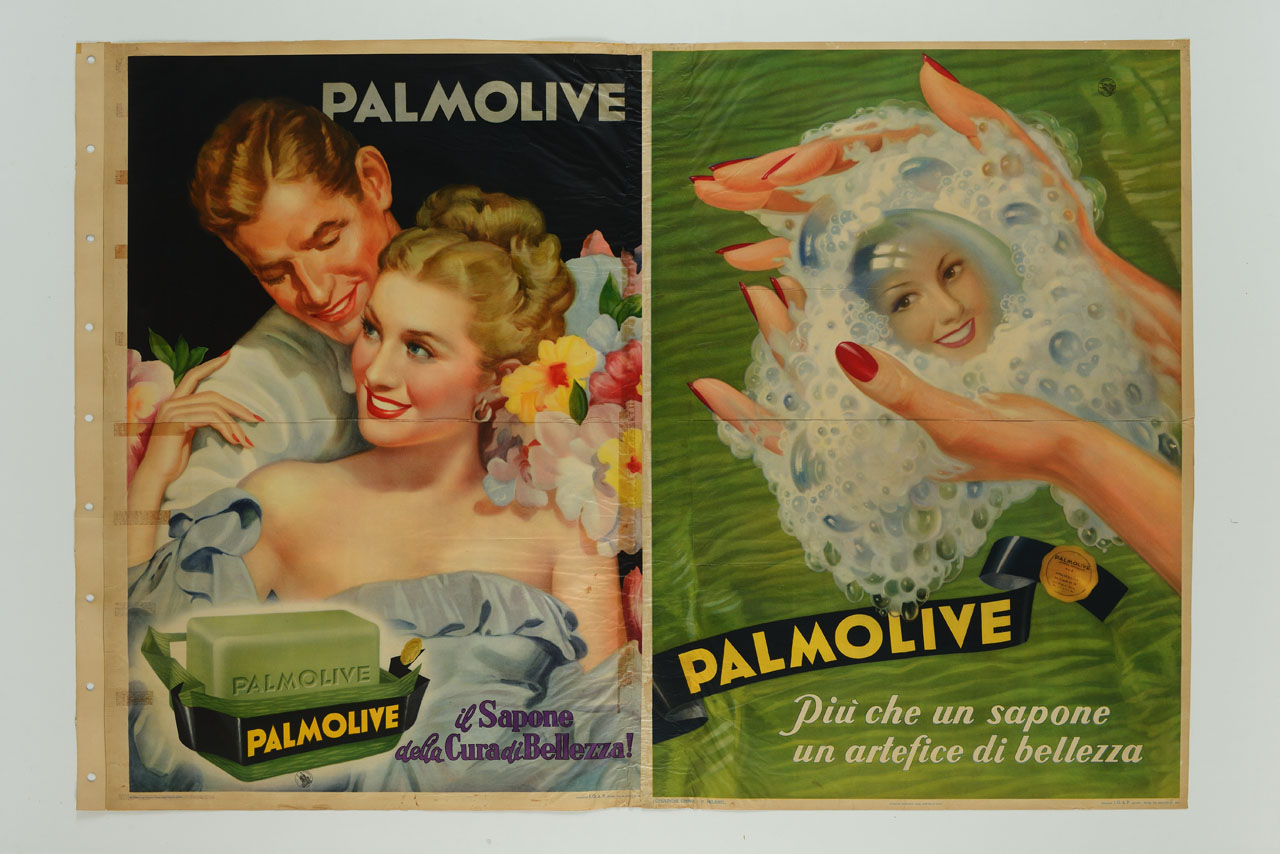 ragazza tra i fiori e le braccia di un ragazzo; viso di ragazza che si riflette in una bolla di sapone (manifesto) - ambito italiano (sec. XX)