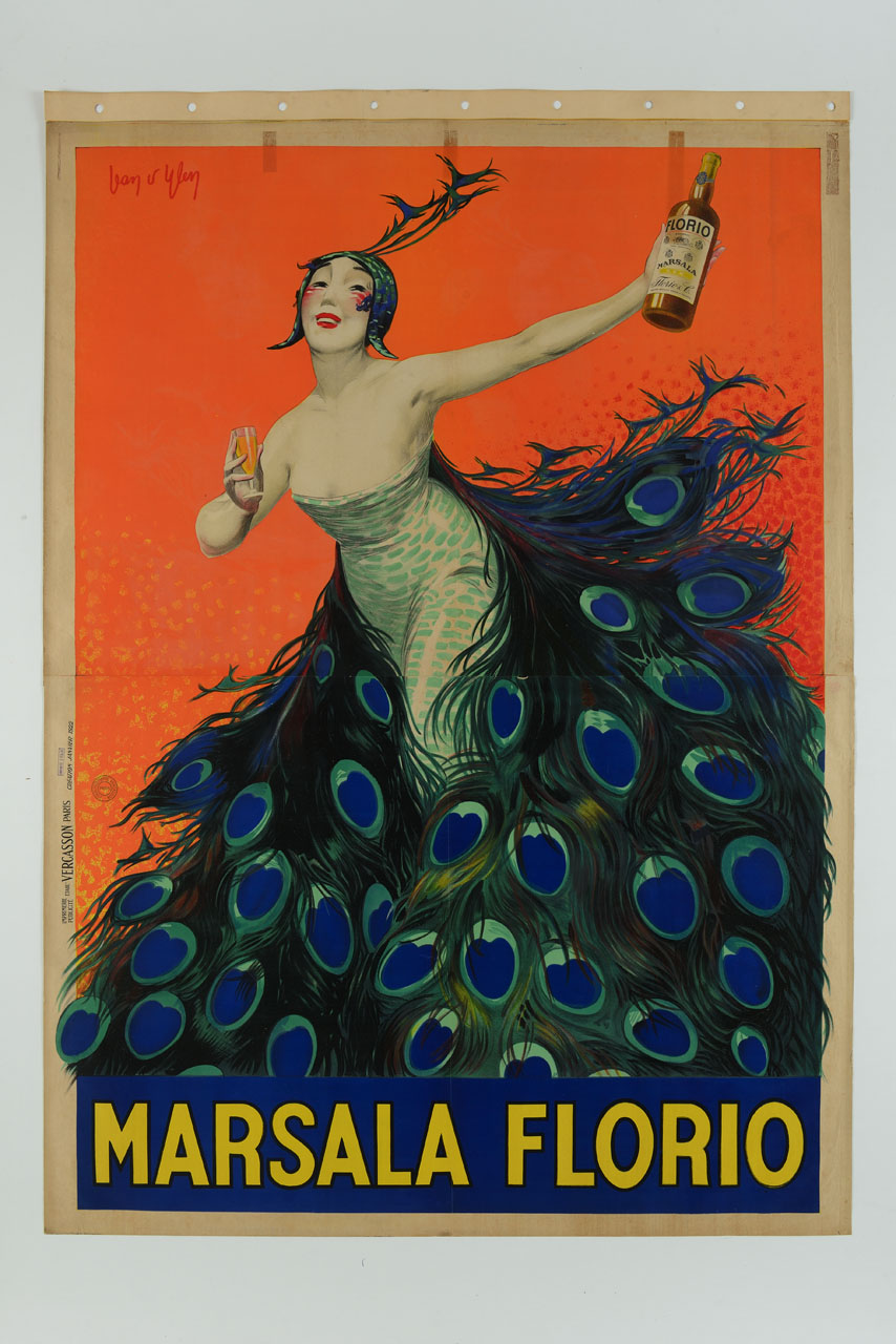 donna con abito e acconciatura di piume di pavone tiene in mano un bicchiere e una bottiglia (manifesto) di D'Ylen Jean (sec. XX)