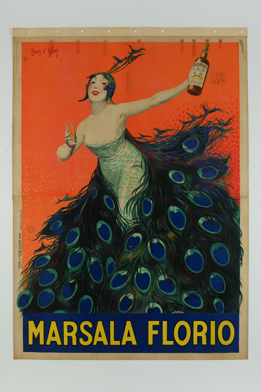donna con abito e acconciatura di piume di pavone tiene in mano un bicchiere e una bottiglia (manifesto) di D'Ylen Jean (sec. XX)
