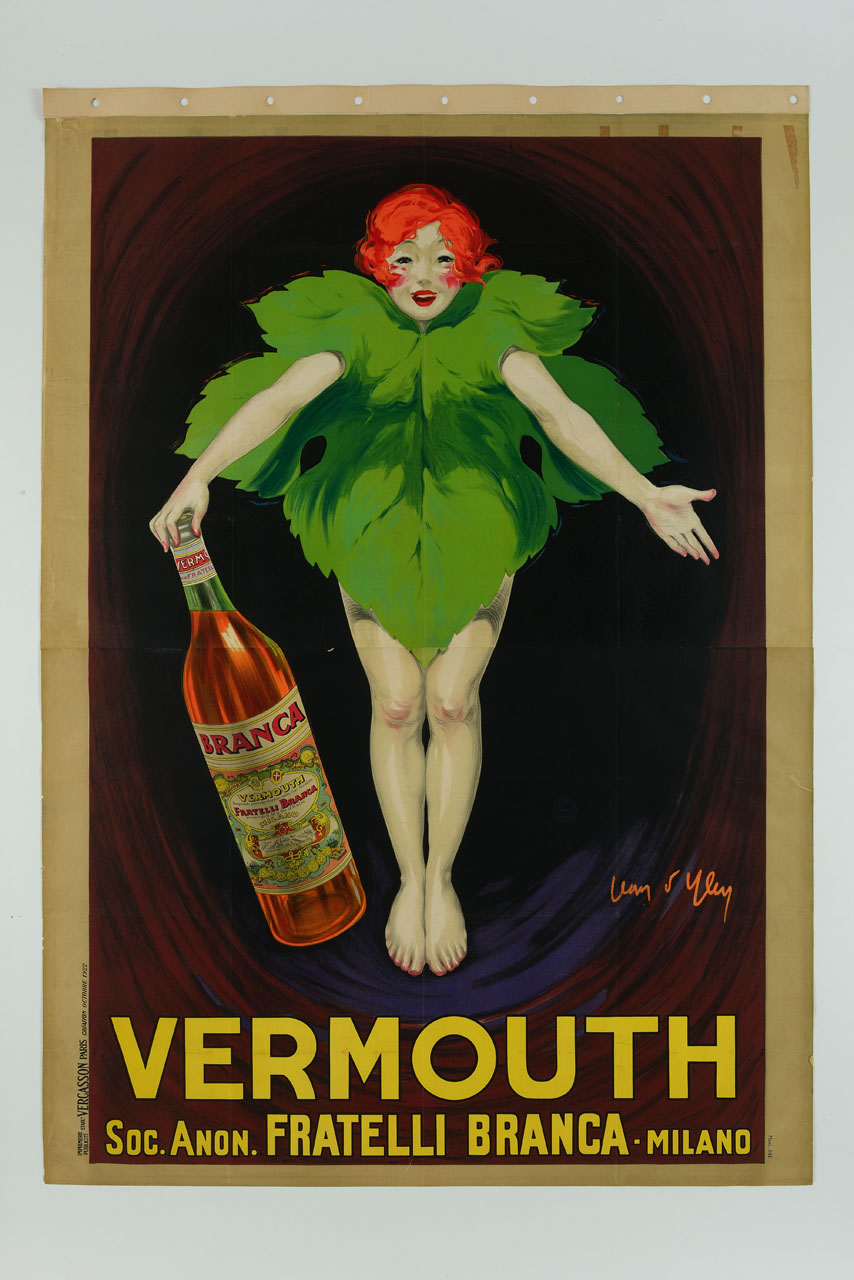 folletto vestito con una foglia di vite mostra una bottiglia (manifesto) di D'Ylen Jean (sec. XX)