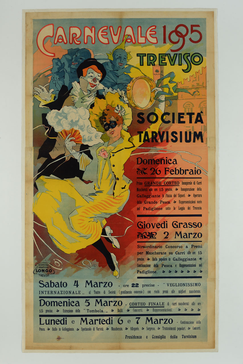 figure mascherate davanti al palazzo dei Trecento e alla torre civica di Treviso (manifesto) - ambito italiano (sec. XX)