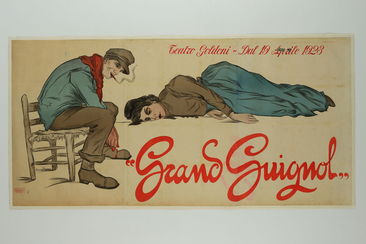 un uomo con cappello e foulard rosso al collo fuma una sigaretta, seduto si una sedia, chinato con le mani insanguinate allungate in avanti tra le gambe; davanti a lui una donna morta supina (manifesto) di Natali Renato (sec. XX)