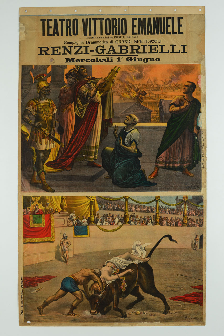 due scene dell'opera teatrale Quo Vadis?: in alto l'incendio di Roma ad opera di Nerone; in basso nel Circo Massimo Licia legata sul dorso di un toro viene salvata da Ursus (manifesto) di Cetto Mario (sec. XX)