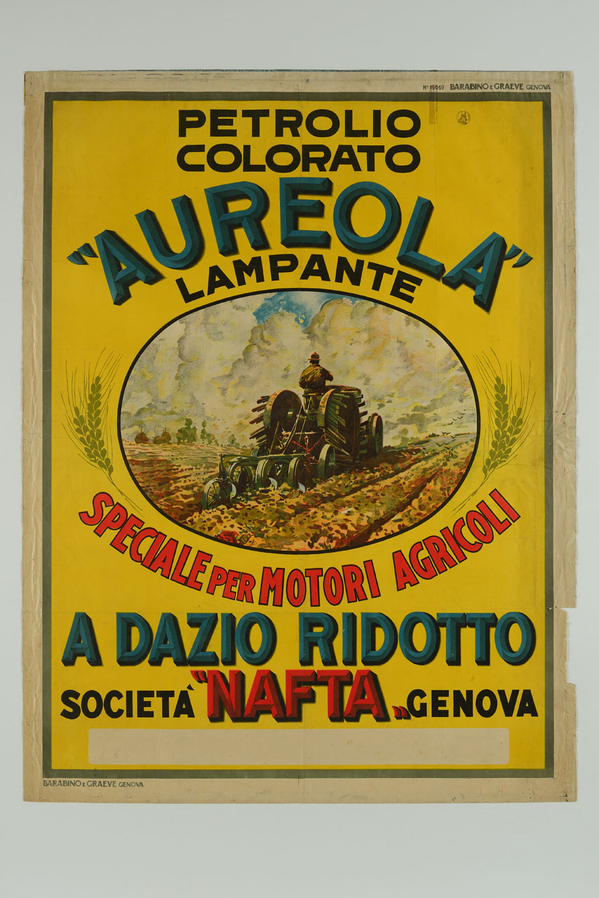 un mezzo agricolo guidato da un uomo solca la terra (manifesto) - ambito italiano (sec. XX)