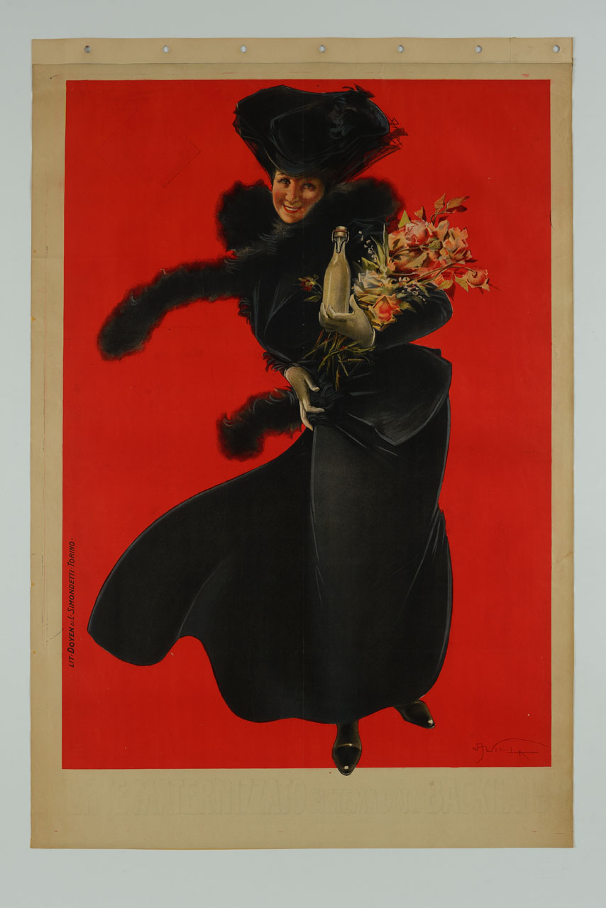 donna elegantemente vestita con abito, cappello e foulard di pelliccia neri tiene in mano un vaso di rose rosse e una bottiglia di latte (manifesto) di Villa Aleardo (secc. XIX-XX)