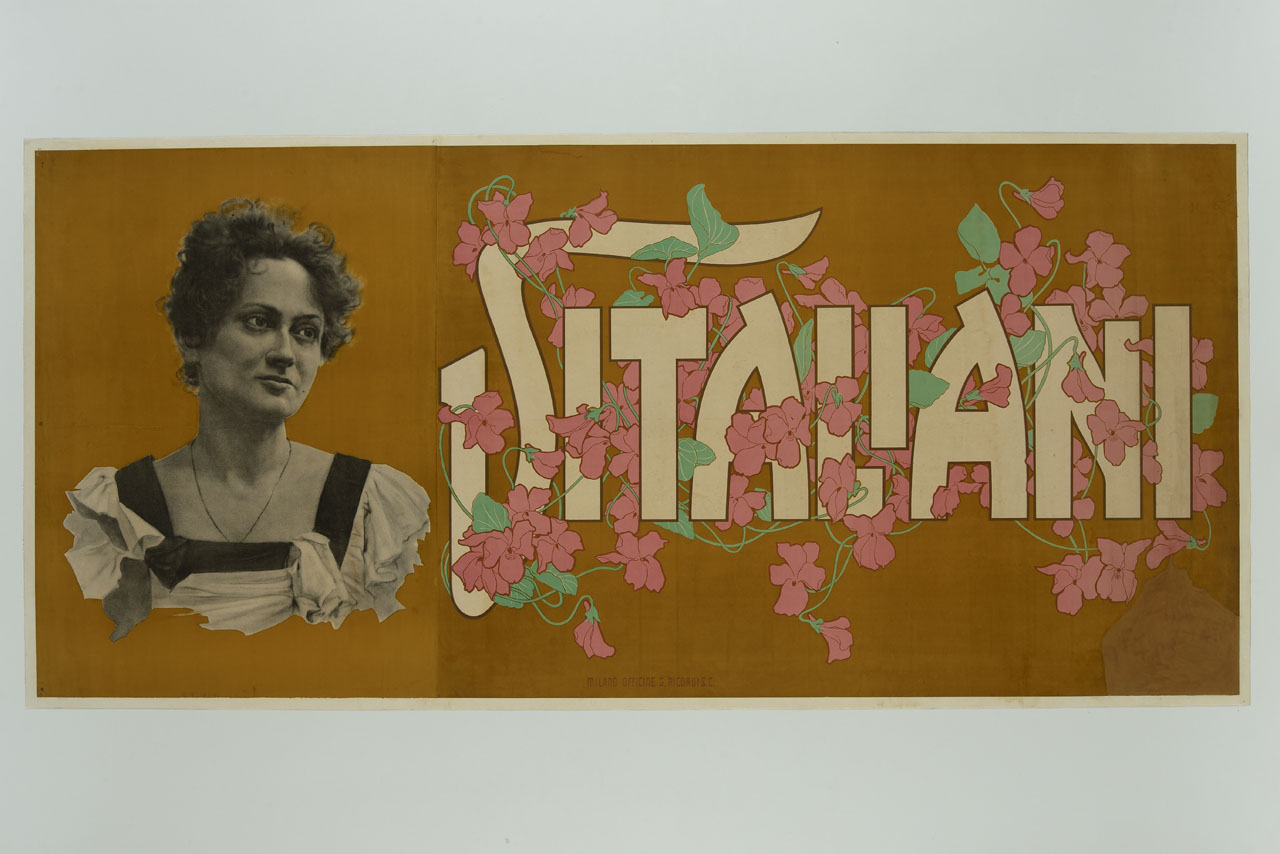 ritratto fotografco a mezzo busto dell'attrice Italia Vitaliani; a fianco il nome decorato con fiori rosa (manifesto) - ambito italiano (secc. XIX-XX)
