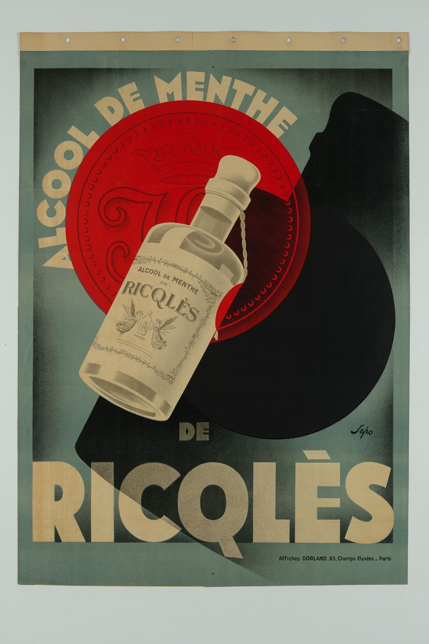 una bottiglia di alccol alla menta Ricqlès davanti ad un sigillo di ceralacca; sul retro le loro ombre (manifesto) di Pozzati Severo detto Sepo (sec. XX)