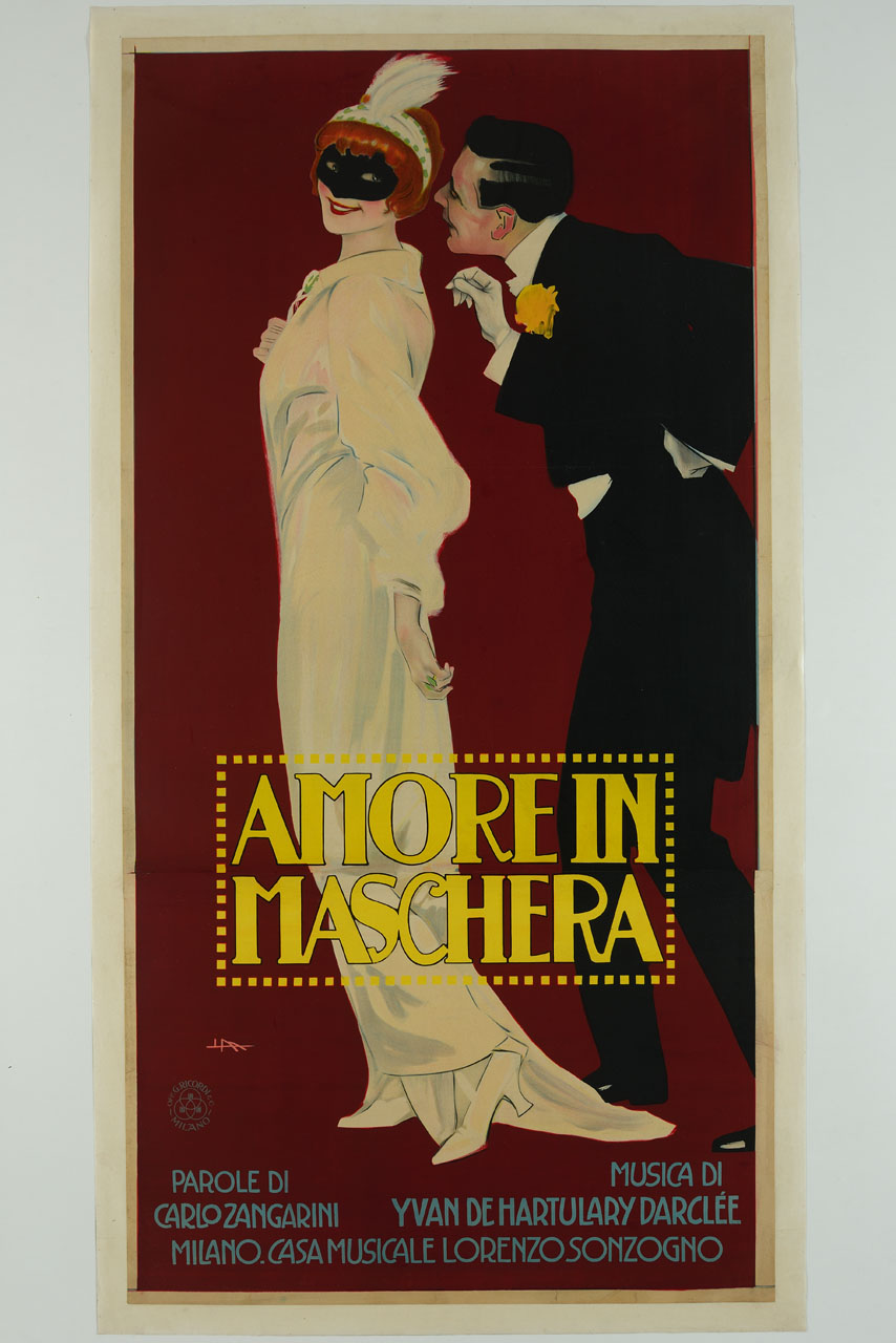 donna vestita con abito bianco e maschera nera volge le spalle lusingata dalle avances di un pretendente con completo nero e rosa gialla all'occhiello (manifesto) di Metlicovitz Leopoldo (sec. XX)