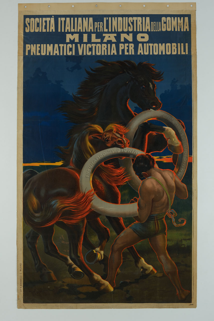 uomo dalle membra possenti lotta contro due cavalli imbizzarriti che mordono due cerchi di gomma (manifesto) di Palanti Giuseppe (sec. XX)