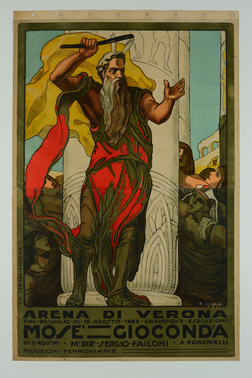 una scena dell'opera Mosè all'Arena di Verona, dove il protagonista, chiamato dal faraone, alzando al sua verga ridona la luce, liberando dalle tenebre, il popolo d'Egitto (manifesto) di Casarini Pino (sec. XX)