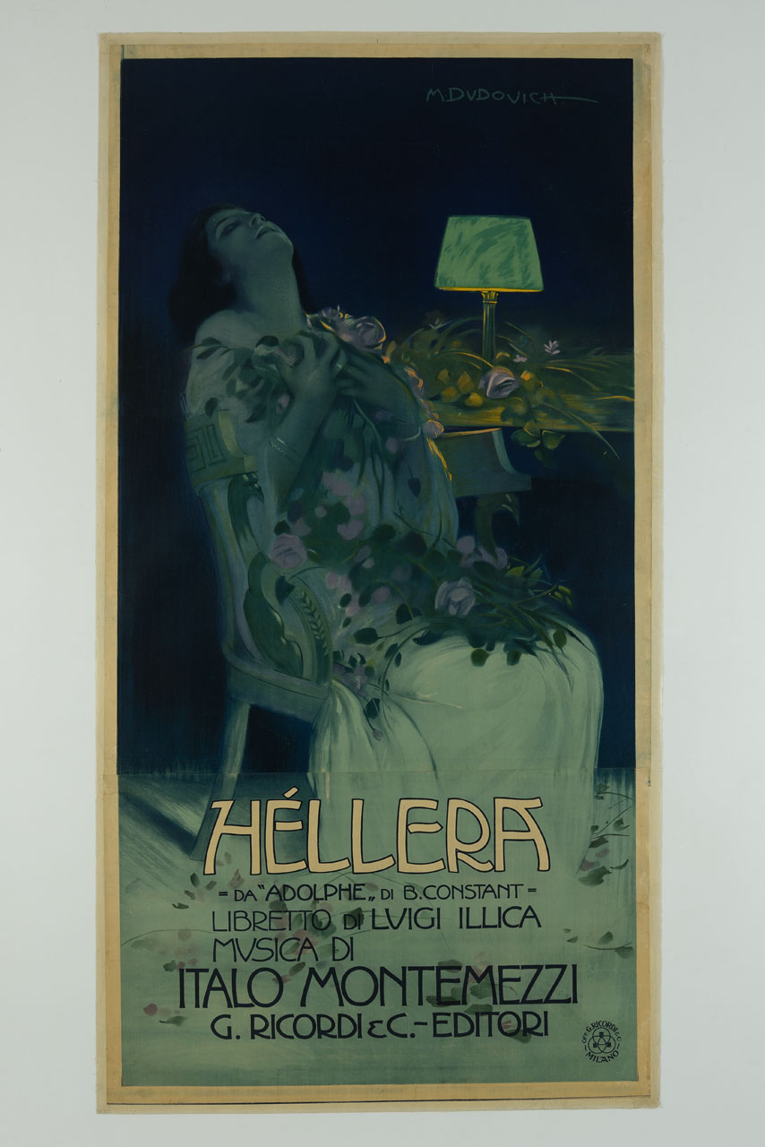 la protagonista Héllera affranta dal dolore porta alcune rose al petto, seduta su una sedia con la testa rivolta all'indietro (manifesto) di Dudovich Marcello (sec. XX)