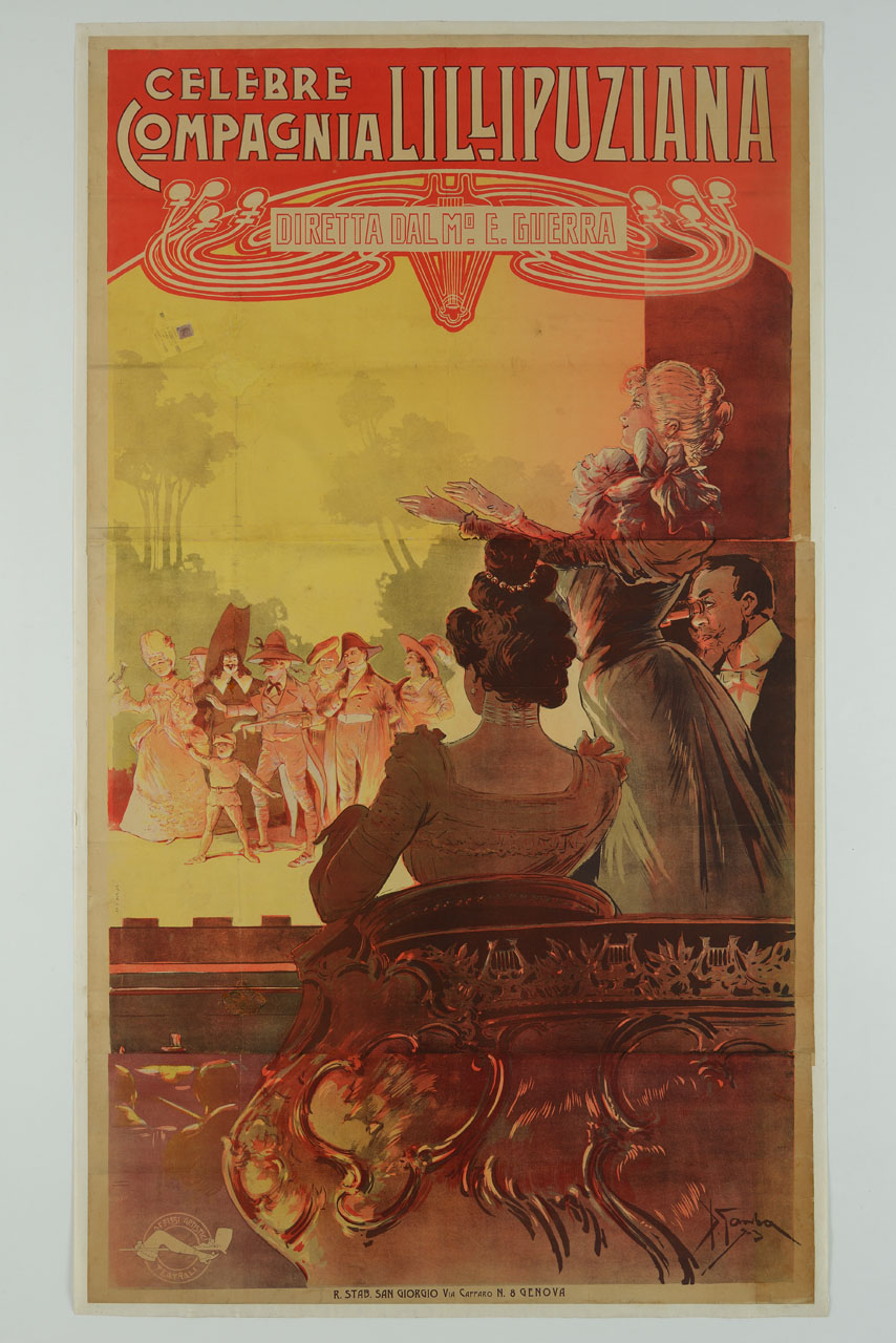 alcuni spettatori da una galleria osservano e applaudono la compagnia teatrale Lillipuziana sul palcoscenico (manifesto) di Garuti Giuseppe detto Pipein Gamba (sec. XX)