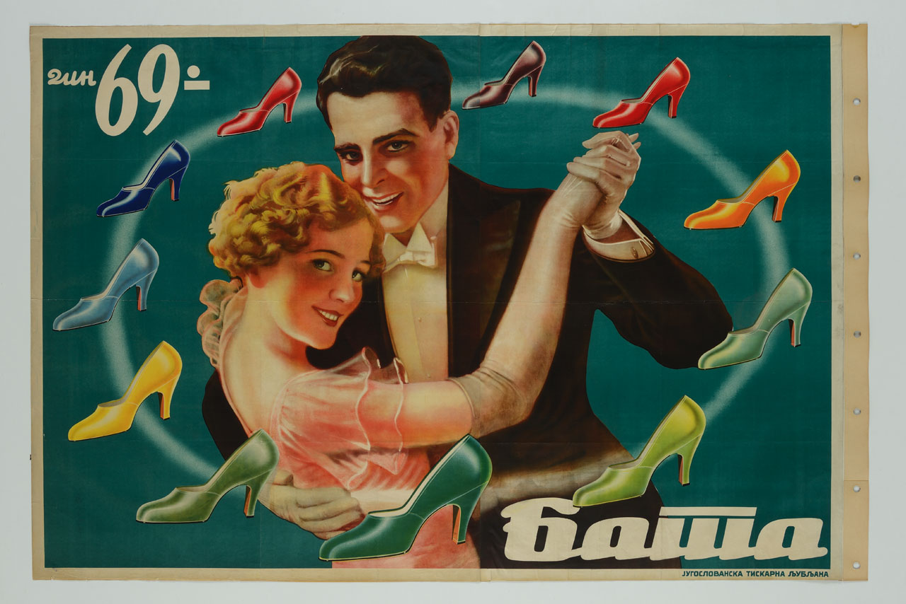 un uomo e una donna a mezzo busto elegantemente abbigliati ballano all'interno di un cerchio formato da scarpe da ballo colorate (manifesto) - ambito russo (sec. XX)