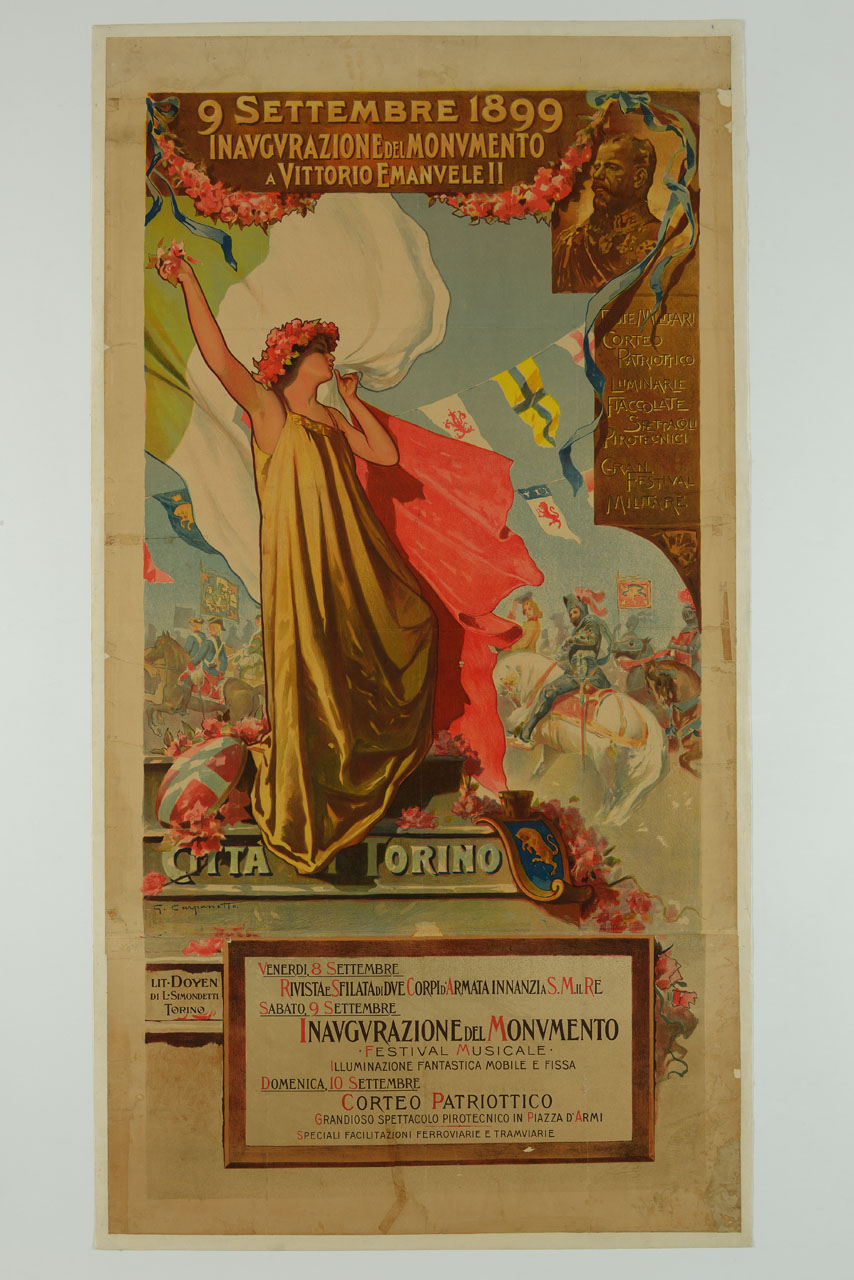 figura femminile, personificazione dell'Italia, davati alla bandiera italiana in piadi su alcuni gradini, dietro ai quali si scolge una parata militare; in alto l'effige di Vittorio Emanuele II; in basso fiori e stemmi (manifesto) di Carpanetto Giovanni Battista (sec. XIX)