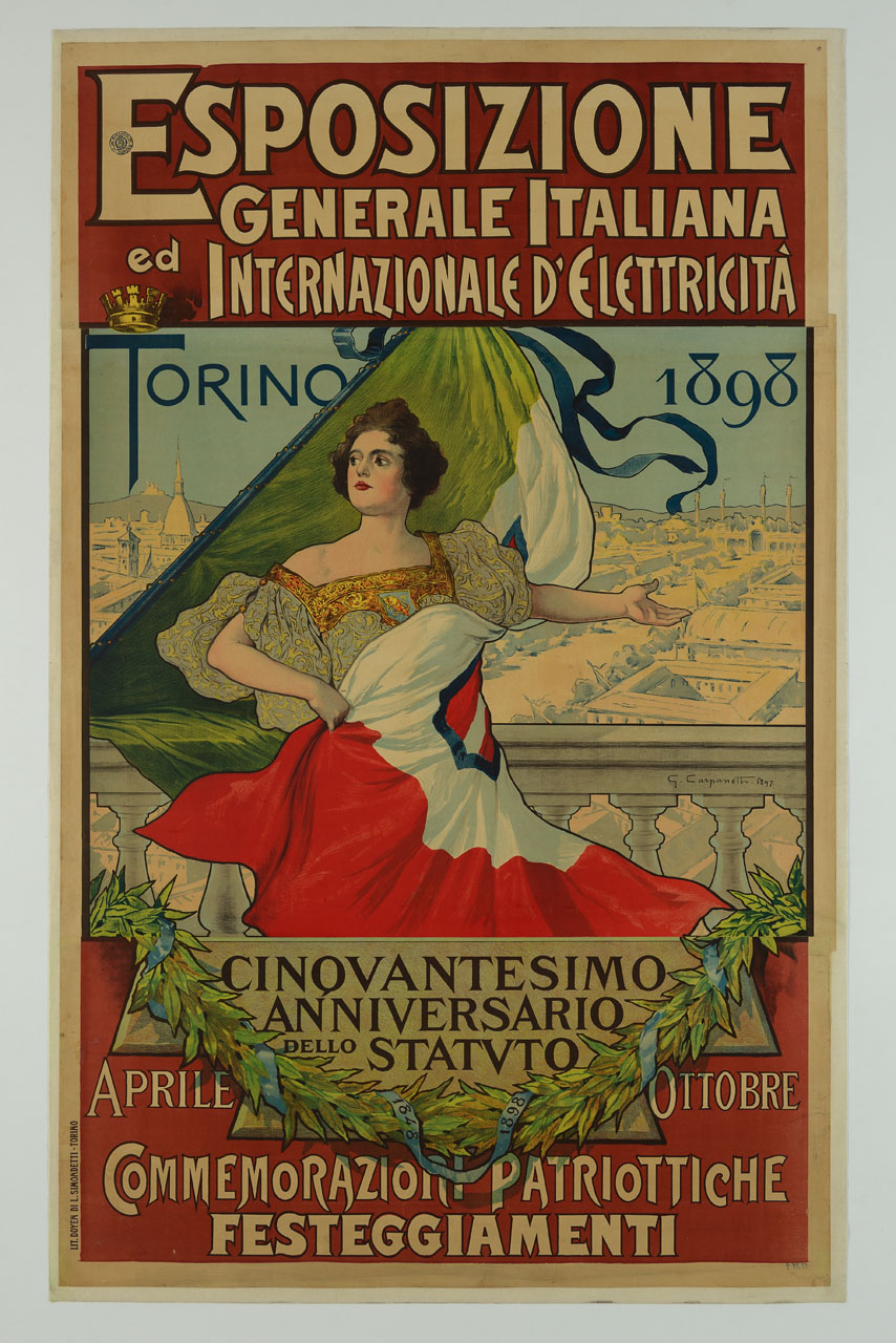 figura femminile, personificazione dell'Italia, che regge e si avvolge con la bandiera italiana, mostra con la mano destra, appoggiata a una balaustra la città di Torino; in basso una corona d'alloro delimita l'epigrafe celebrativa dello Statuto Alb (manifesto) di Carpanetto Giovanni Battista (sec. XIX)