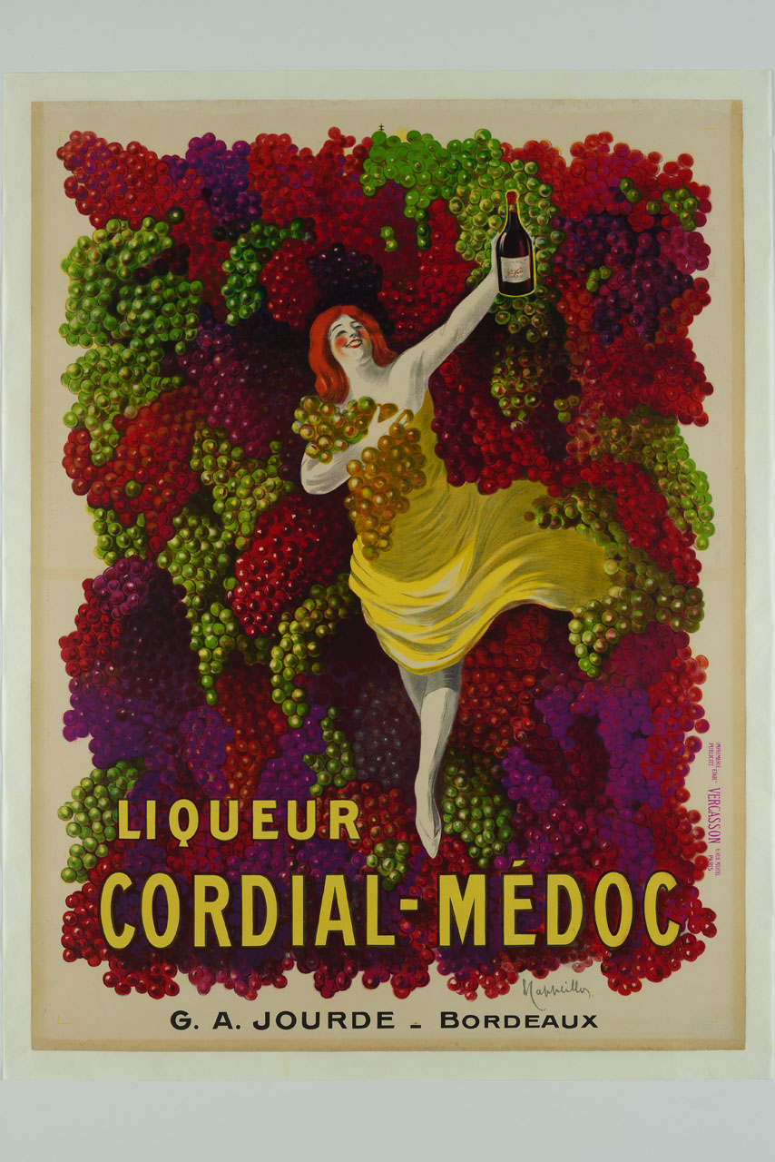 una donna con abito giallo tiene un grappolo d'uva bianca al petto, alzando con l'altra mano una bottiglia di liquore Cordial-Médoc, emergendo da uno sfondo di grappoli d'uva purpurei e bianchi (manifesto) di Cappiello Leonetto (sec. XX)