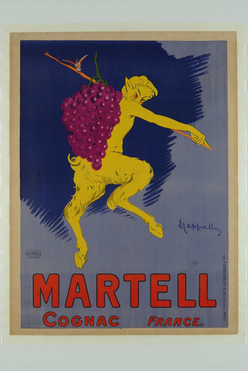 un satiro giallo di spalle porta sulla schiena un grapolo d'uva rossa, appeso ad un ramo, appoggito sulle spalle, sul quale si trova un uccellino (manifesto) di Cappiello Leonetto (sec. XX)