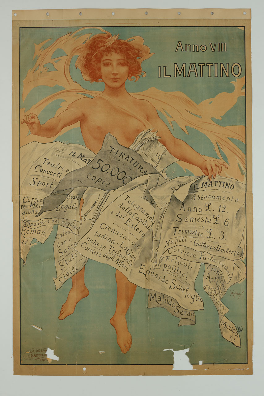 una figura femminile nuda monocromatica di color marroncino-arancione copre la perte inferiore del suo copro con alcuni fogli del giornale Il Mattino; alle sua spalle dello stesso colore della pella alcuni rami d'albero stilizzati (manifesto) di Migliaro Vincenzo (sec. XX)