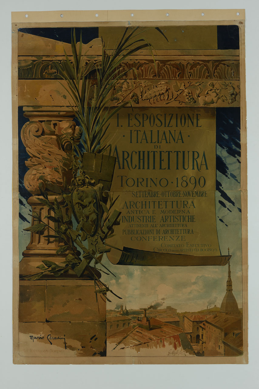 particolare di un elemento architettonico da cui scende un manifesto; in basso la città di Torino e a sinistra stemmi e strumenti da disegno (manifesto) di Ceradini Mario (sec. XIX)