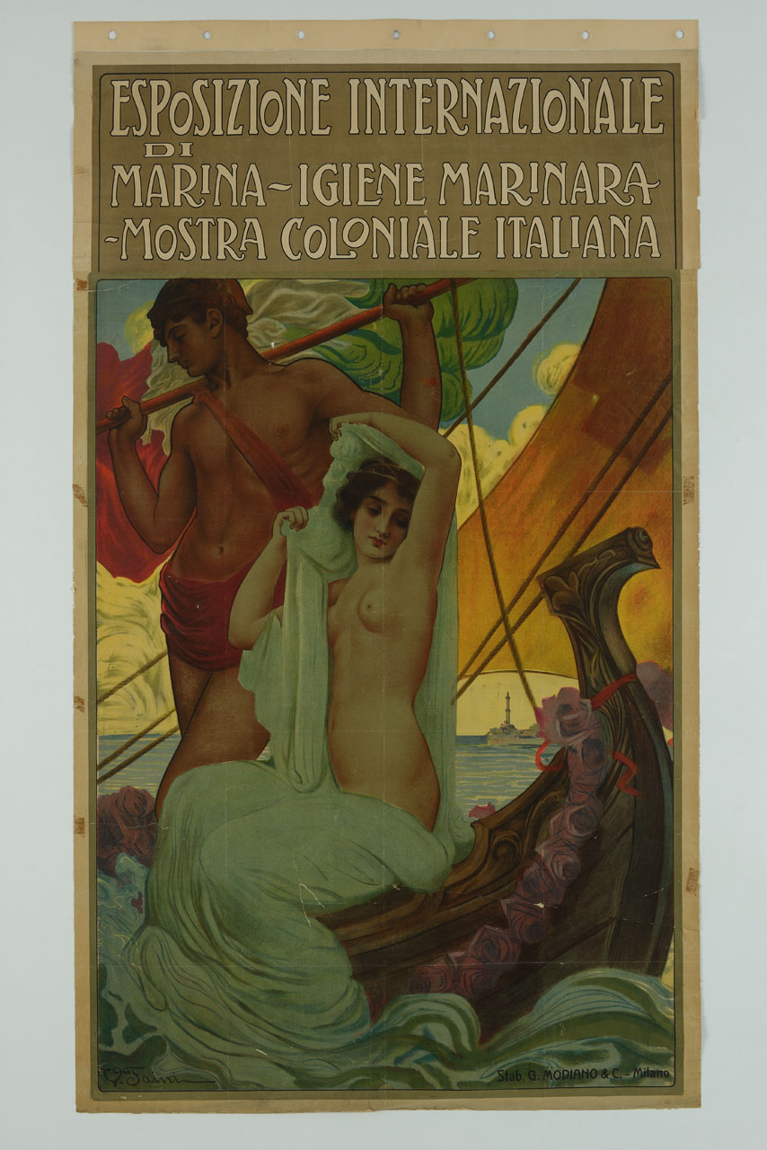 figura femminile nuda alza le braccia per coprirsi con un drappo verde sedura sulla prura di una fregata di cui si vede una vela; alla sua destra un virile uomo tiene sulle spalle la bandiera italiana; sullo sfondo la Lanterna di Genova (manifesto) di Faini Virgilio Dante (sec. XX)