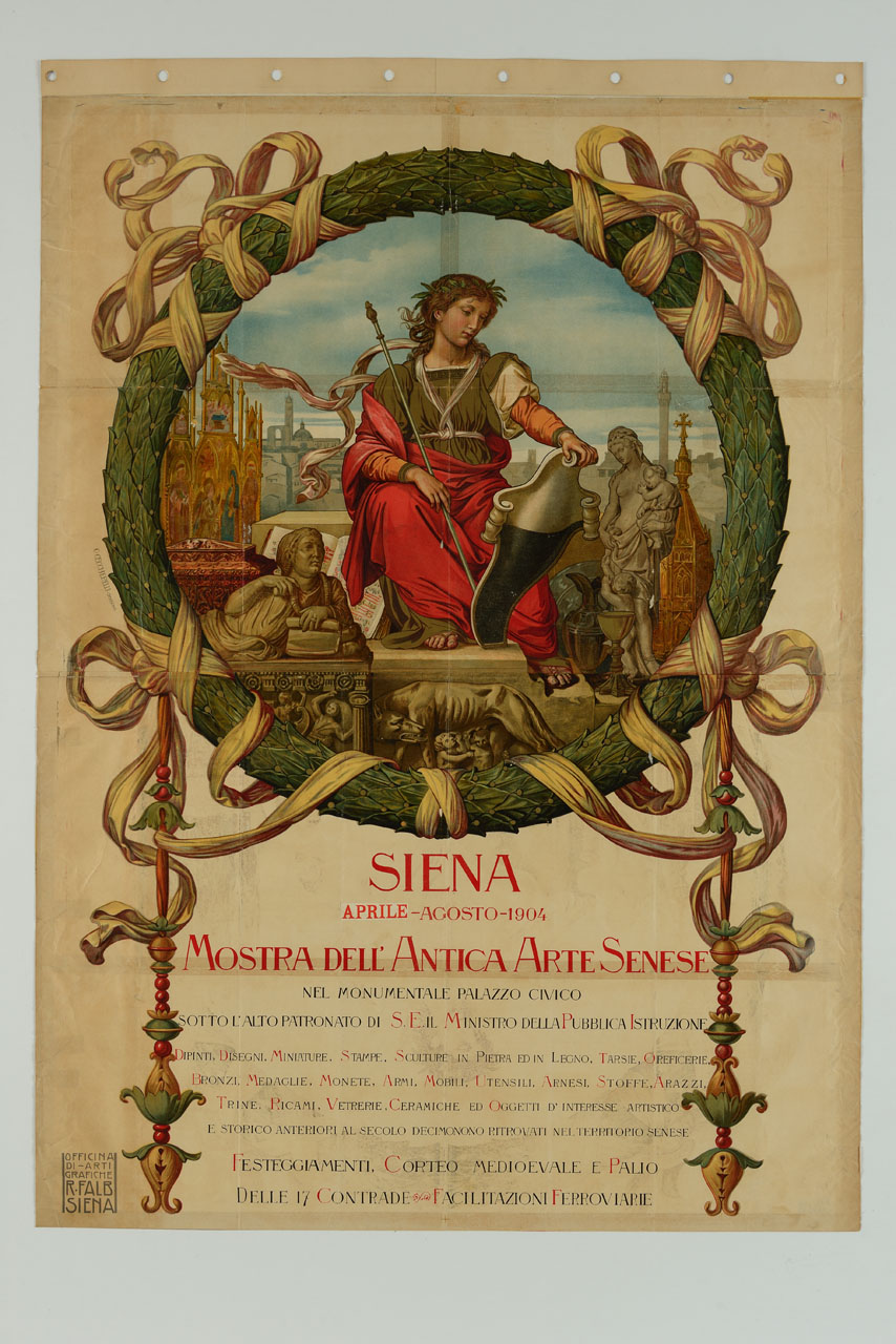 entro ghirlanda d'alloro con nastro bianco in trecciato la personificazione dell'arte sostiene lo stemma della città di Siena; attorno alcune opere d'arte di generi diversi e sullo sfondo una veduta della città (manifesto) di Ceccherelli C - ambito italiano (sec. XX)