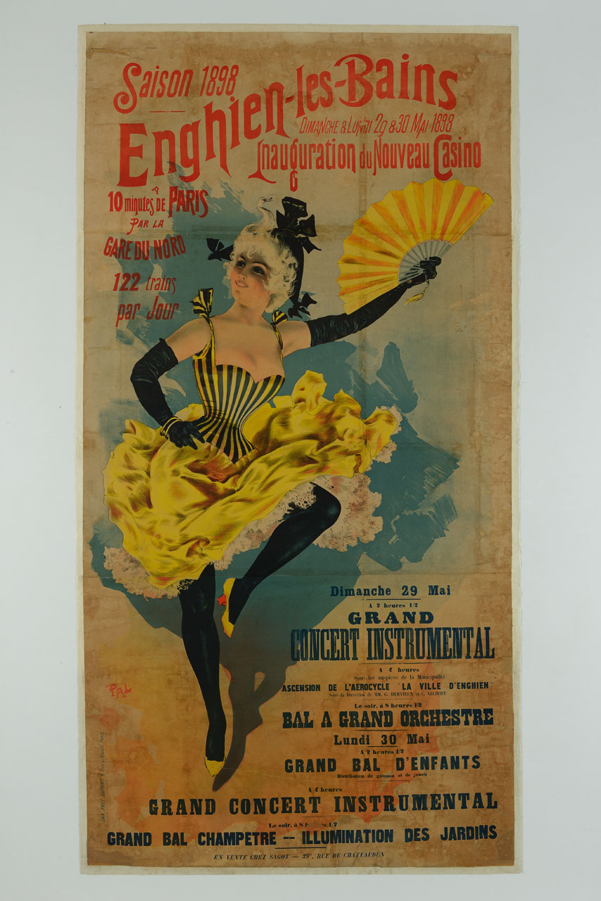 una bellerina con gonna gialla, corpetto a righe gialle e nere, calze e guanti neri, compie un passo di danza sventolando un ventaglio giallo, forse ritratto dell'attrice Mistinguett (manifesto) di Paleologue Jean / de Paleologu Jean (sec. XIX)