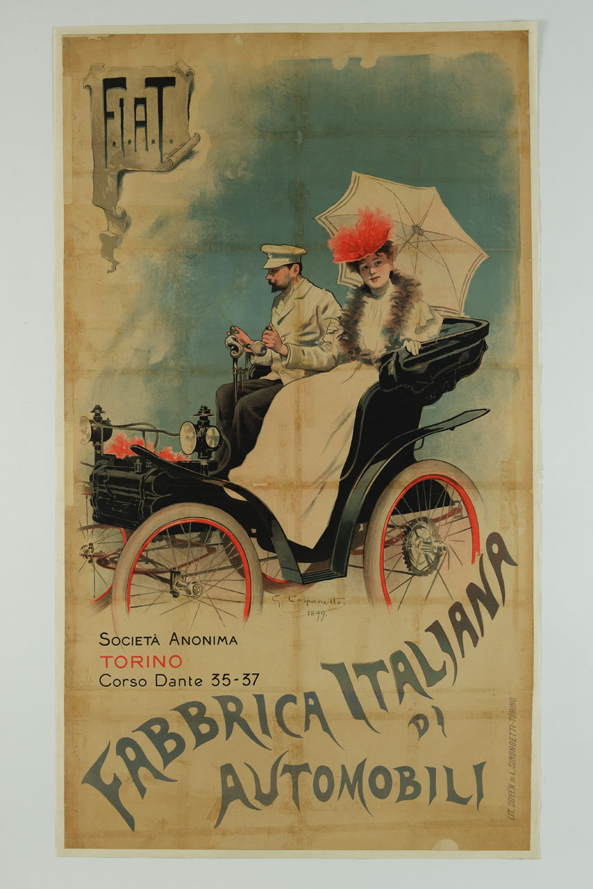 donna elegantemente vestita con abito bianco con foulard di piume con cappello rosso con parasole seduto su una Fiat 3.5 HP, guidata da un autista vestito di bianco (manifesto) di Carpanetto Giovanni Battista (sec. XIX)