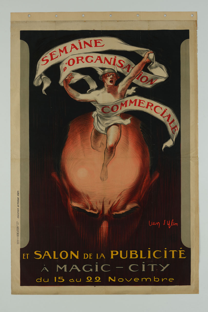 Mercurio esce dalla fronte di una testa maschile annunciando con un nastro bianco l'esposizione (manifesto) di D'Ylen Jean (sec. XX)