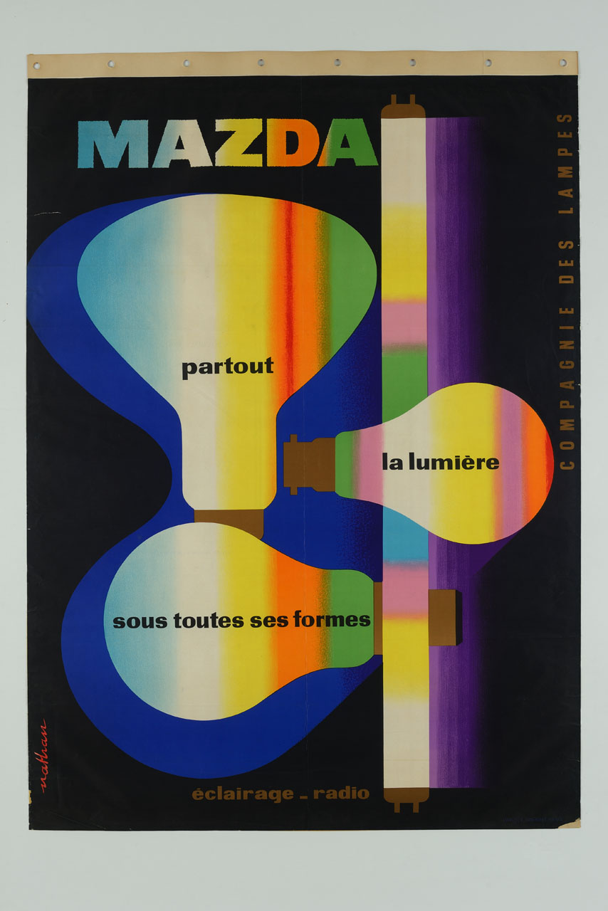 alcune lampadine di diverse forme e un neon di colori degradanti (manifesto) di Nathan Garamond Jacques (sec. XX)