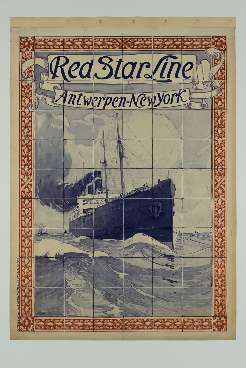 disegno di colore blu raffigurante la nave Zeland solca i mari dell'oceano atlantico per compiere la traversata Anversa-New York; dietro di lei, in lontananza, un veliero e altre imbarcazioni; intorno una cornice fitoforme rossa (manifesto) di Cassiers Henri o Hendrick (sec. XX)