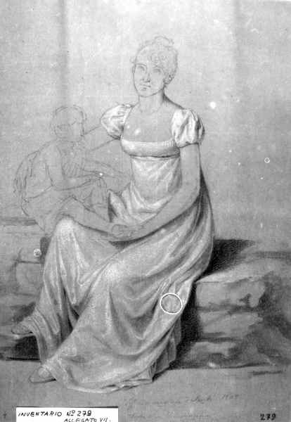 ritratto di Tommasina Talenti con la figlia, figura femminile con bambina (disegno) di Nocchi Pietro (inizio sec. XIX)