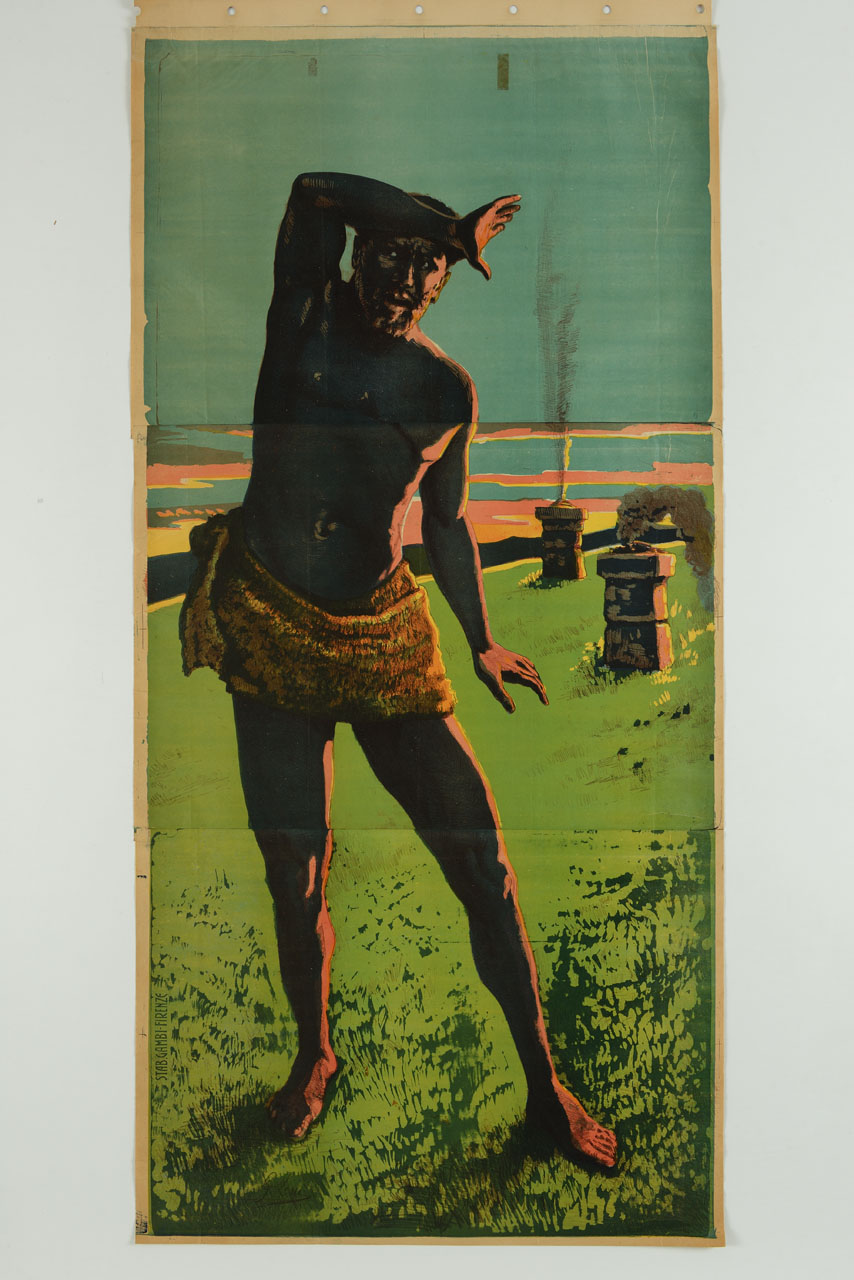 Caino (?) con are sacrificali in un paesaggio (manifesto, stampa composita) di Lessi G - ambito italiano (sec. XX)