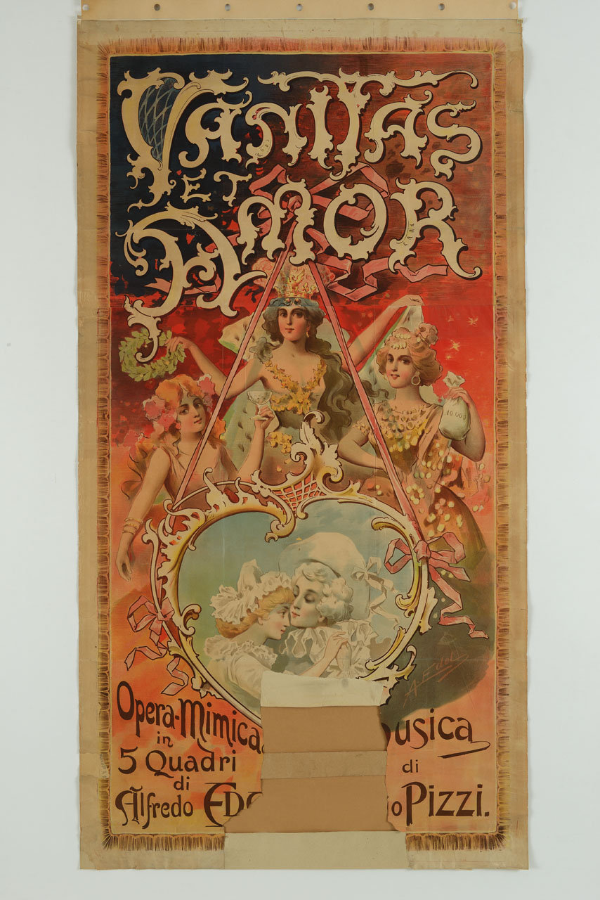 tre figure femminili e coppia di innamorati in cornice decorativa (manifesto) di Edel Alfredo (secc. XIX-XX)