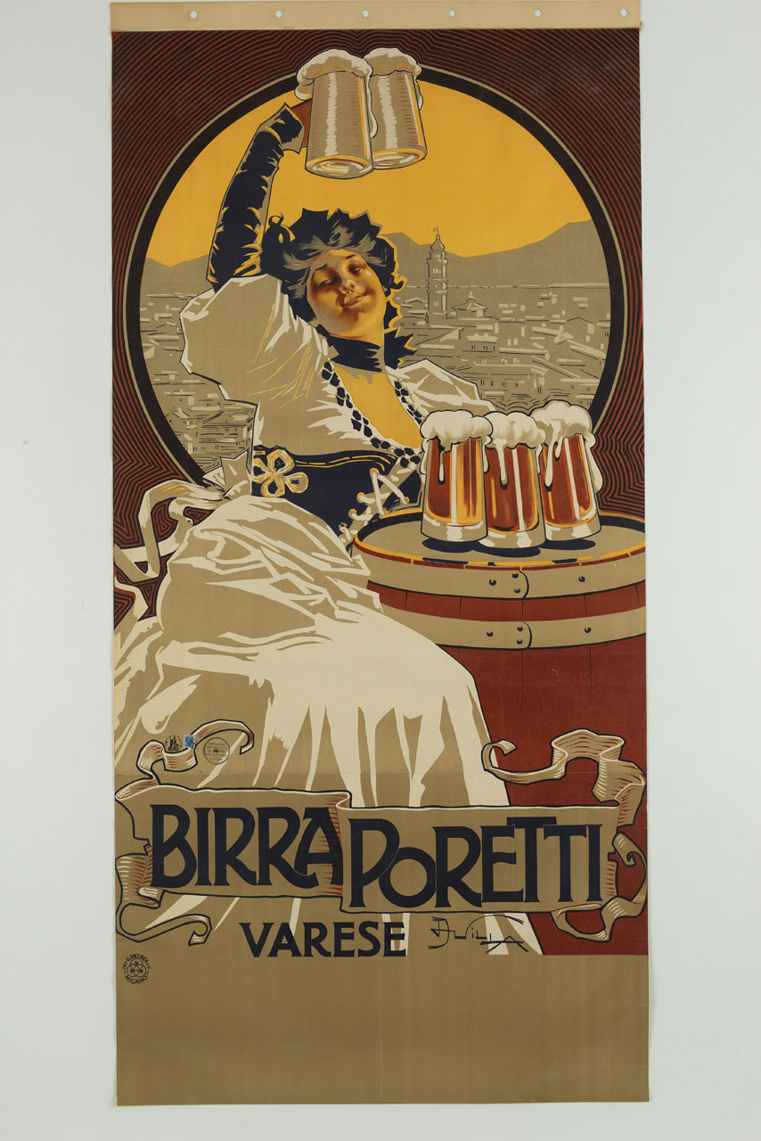 donna con boccali di birra; sullo sfondo panorama di Varese (manifesto, stampa composita) di Villa Aleardo (sec. XX)