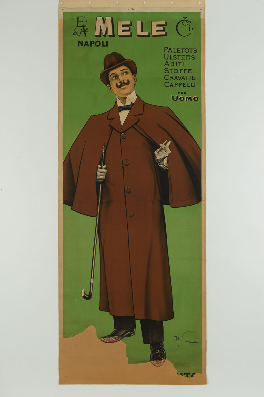 uomo in cappotto e cappello con bastone da passeggio (manifesto, stampa composita) di Villa Aleardo (sec. XX)