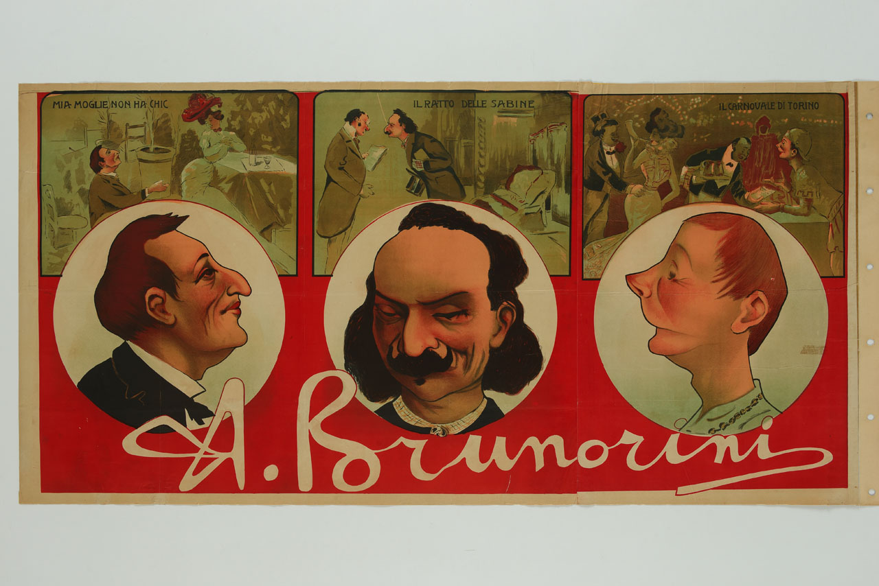 tre personaggi teatrali e scene di spettacoli con Antonio Brunorini (manifesto, stampa composita) - ambito italiano (sec. XX)