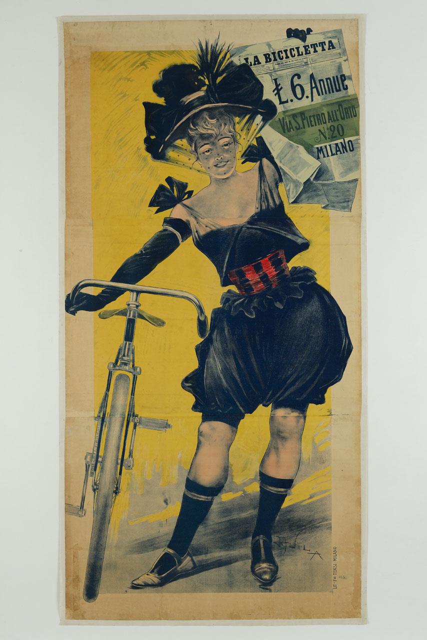 giovane donna con bicicletta e giornale (manifesto, stampa composita) di Villa Aleardo (sec. XX)