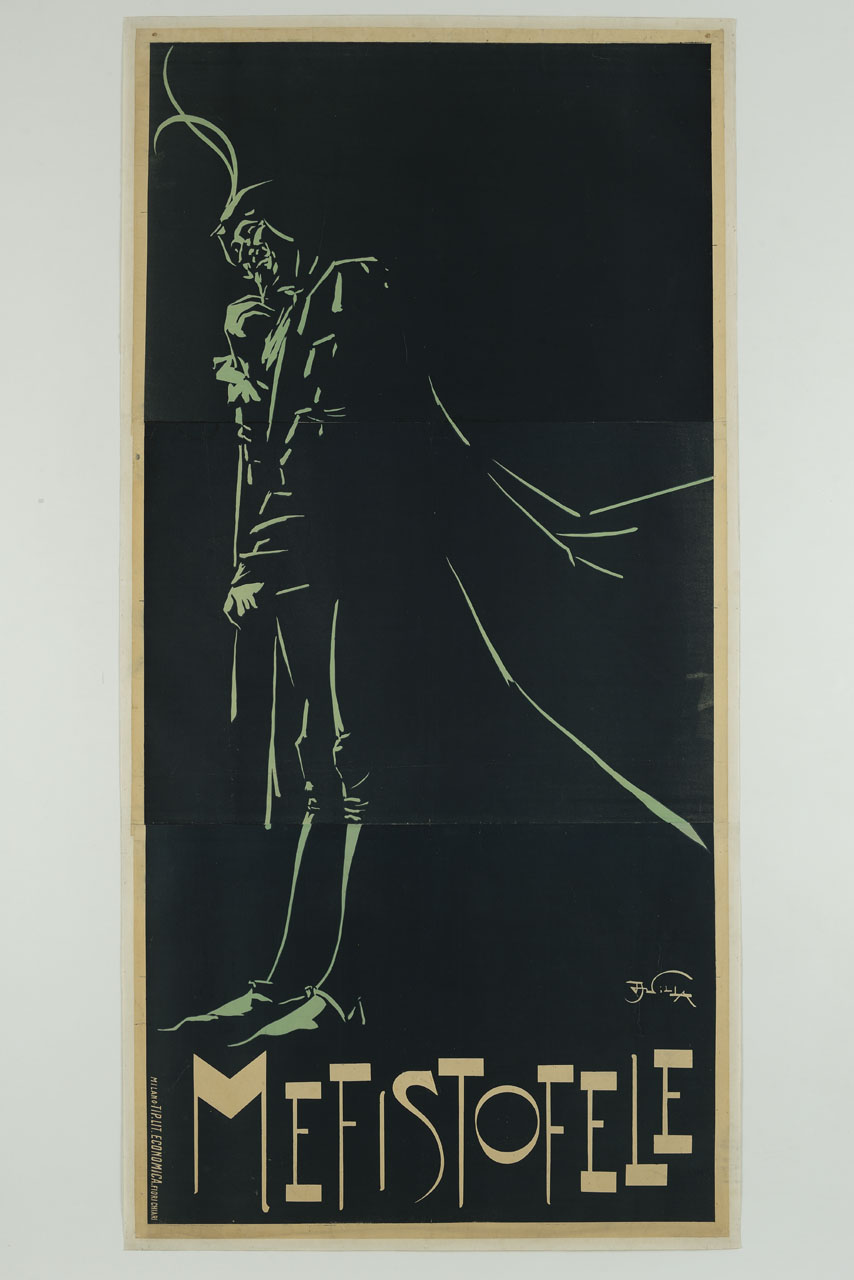 figura maschile con mantello (manifesto, stampa composita) di Villa Aleardo (sec. XX)