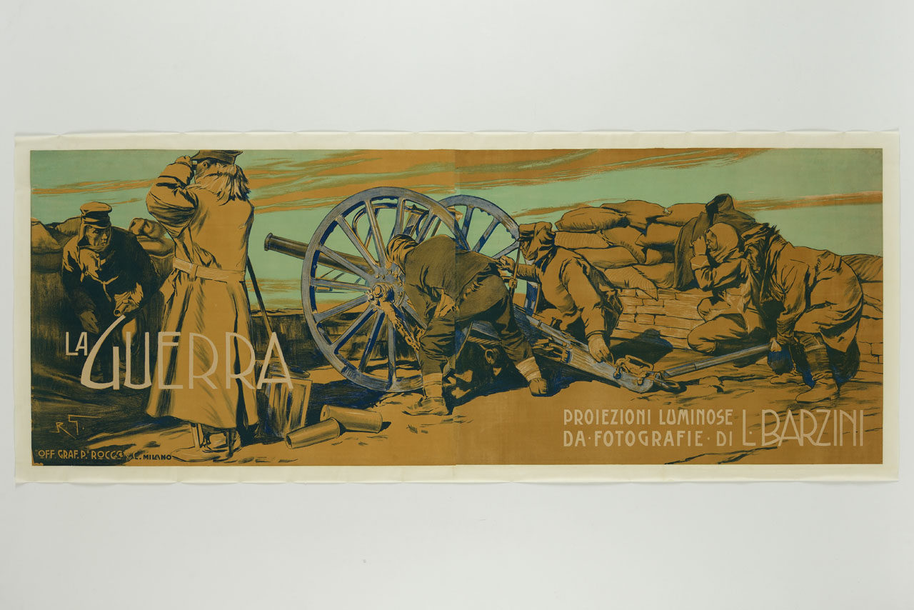 soldati in azione di guerra con cannone (manifesto, stampa composita) - ambito italiano (sec. XX)