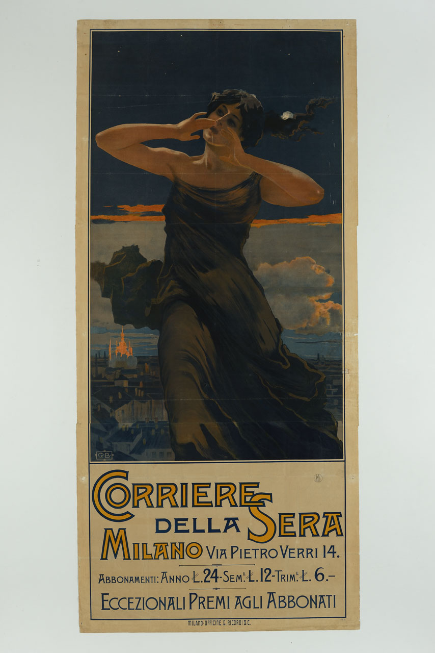 figura femminile sullo sfondo di Milano (manifesto, stampa composita) - ambito italiano (secc. XIX-XX)
