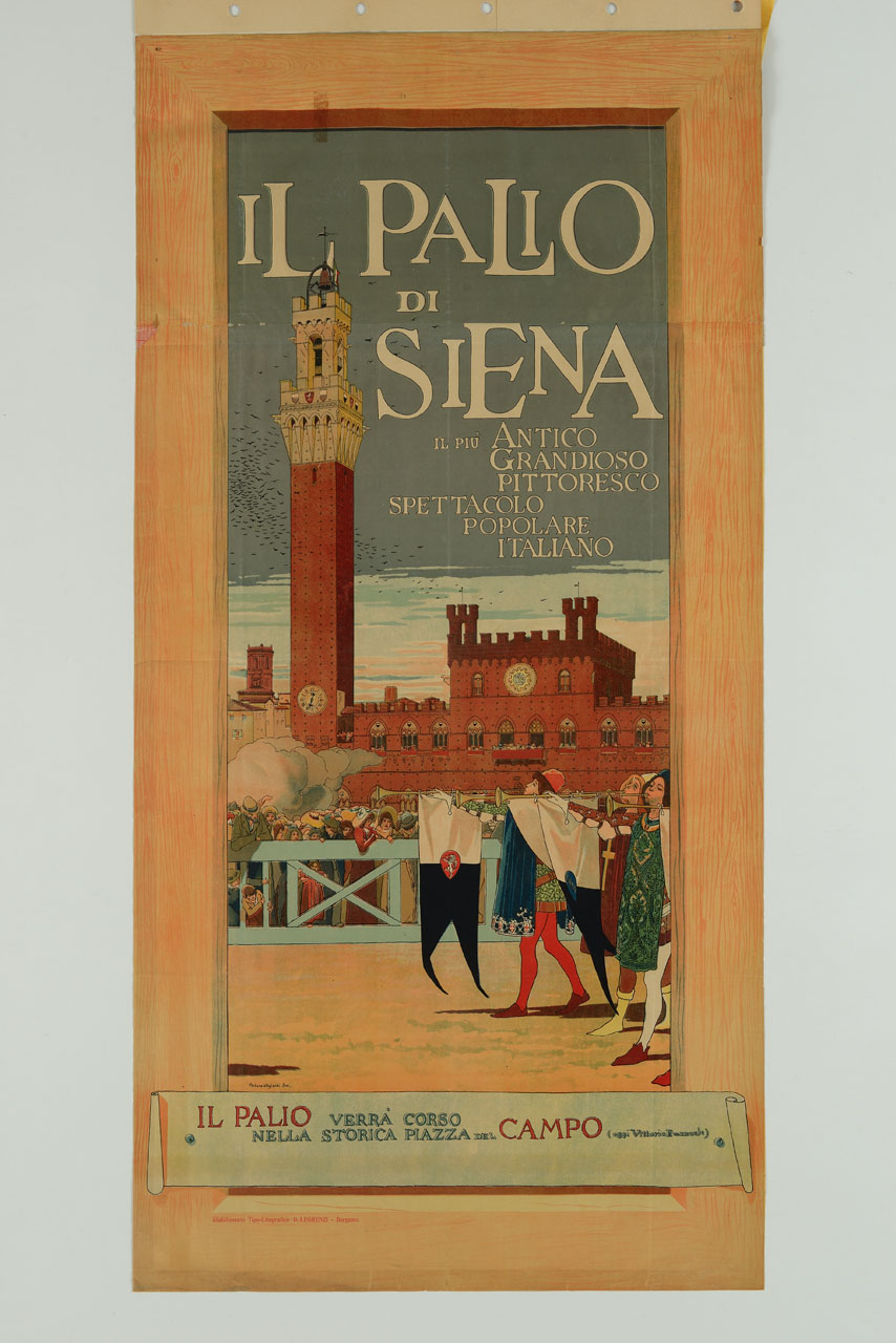 suonatori di trombe per il Palio in Piazza del Campo a Siena (manifesto, stampa composita) di Viligiardi Arturo (sec. XIX)