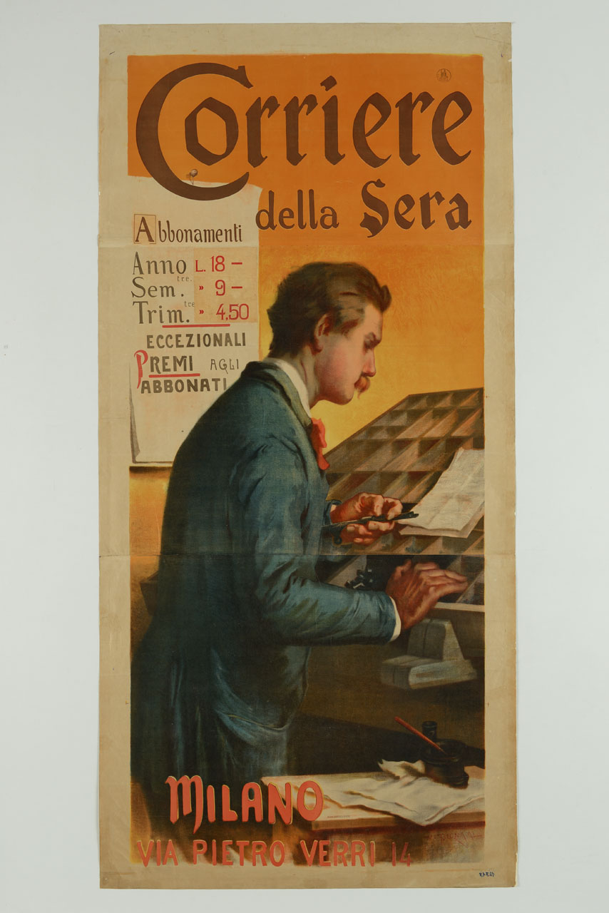 tipografo alla cassettiera tipografica (manifesto, stampa composita) di Bignami Vespasiano (secc. XIX-XX)