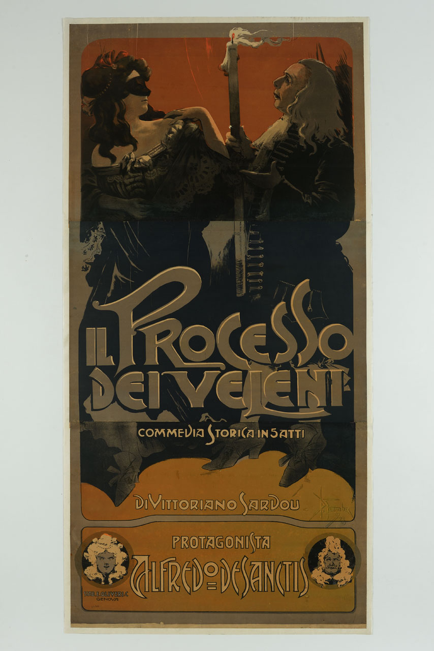 donna mascherata e uomo con cero (manifesto, stampa composita) di Garuti Giuseppe detto Pipein Gamba (sec. XX)