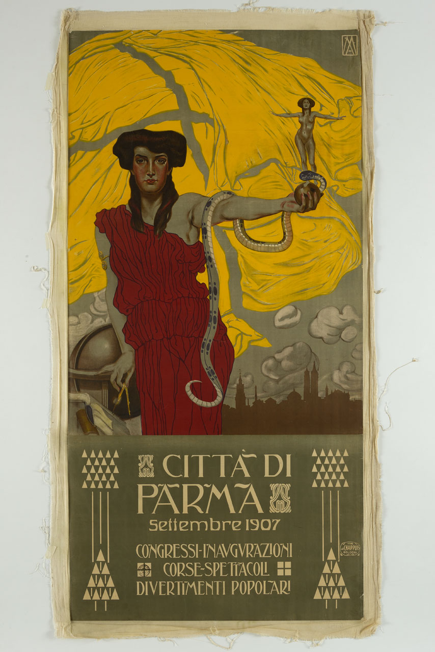 donna con serpente sullo sfondo di Parma (manifesto, stampa composita) di Magrini Adolfo (sec. XX)