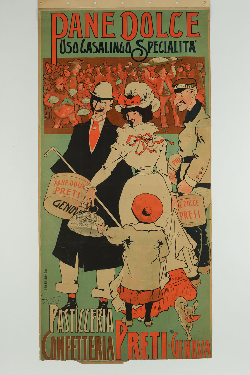 famiglia con bambino e figure sul fondo con confezioni di prodotti da forno (manifesto, stampa composita) di Craffonara Aurelio (sec. XX)