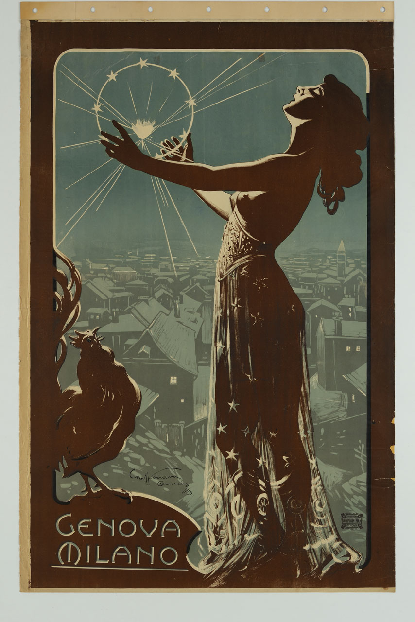 gallo e figura femminile con cerchio di luce sullo sfondo di una veduta notturna (manifesto) di Craffonara Aurelio (sec. XX)